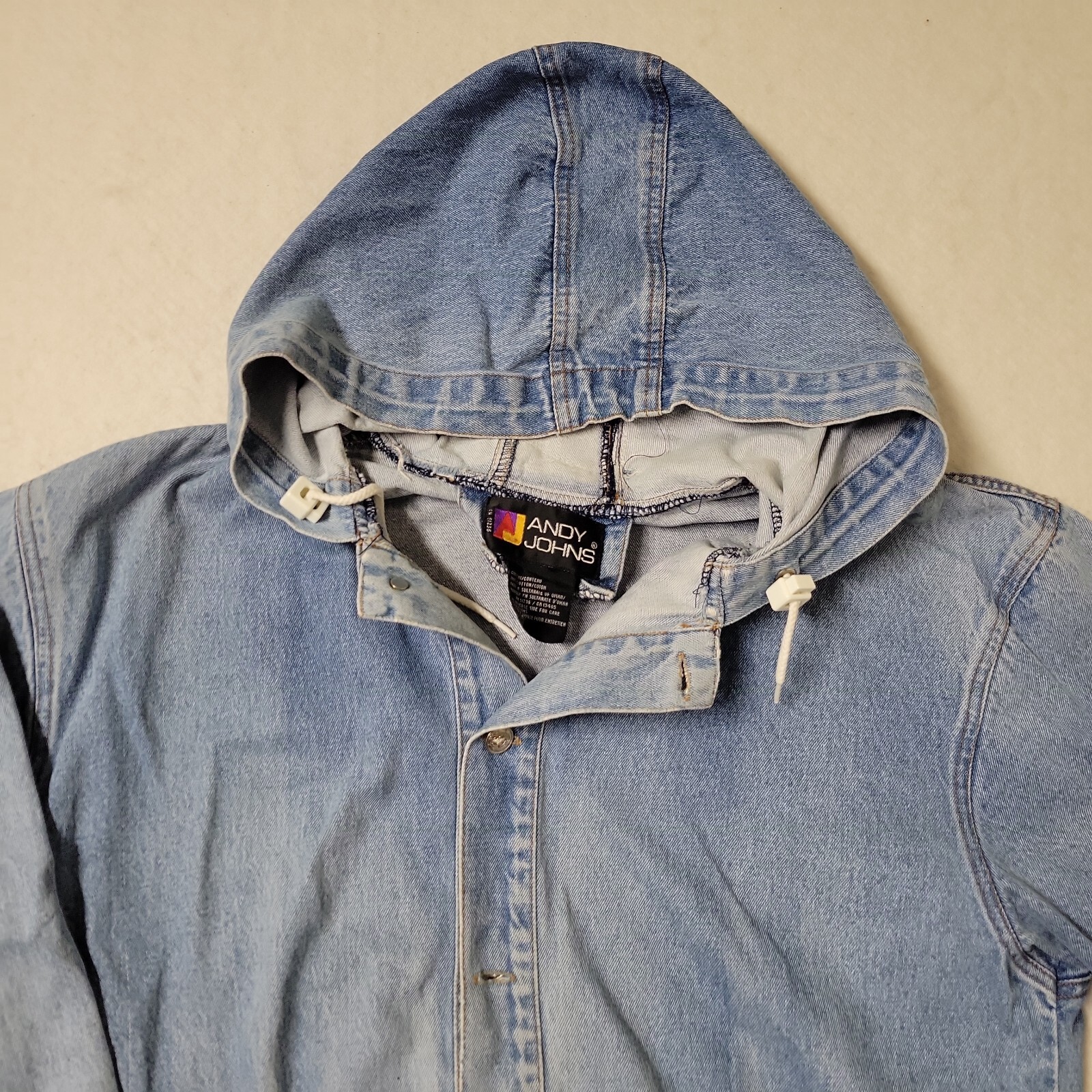 VTG ANDY JOHNS Denim Jacket Drawstring Hooded Grunge 90s 80s Light Wash READ