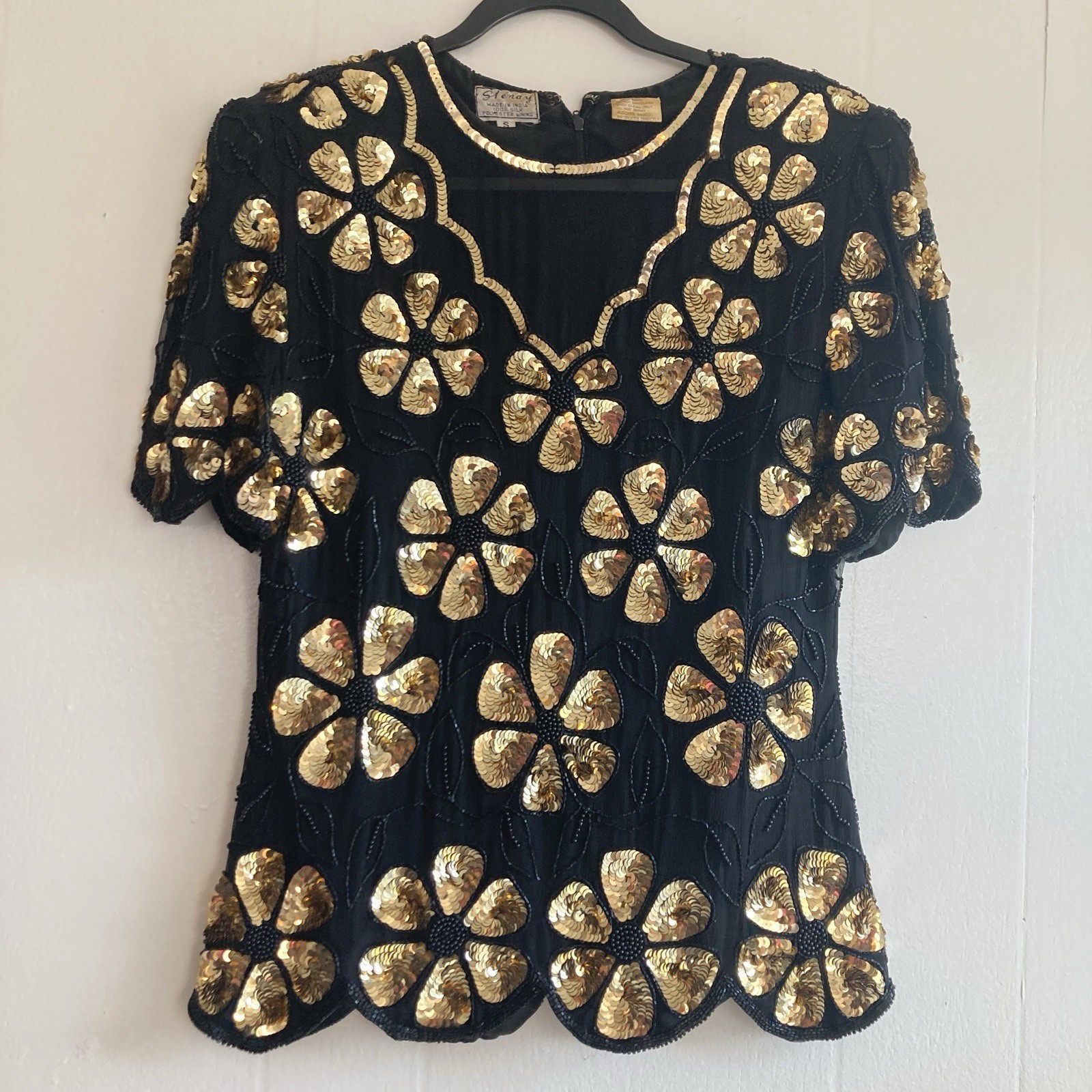 VTG Stenay 80s Silk Top Sequin Hand Beaded Formal Evening Shirt Scalloped Hem S