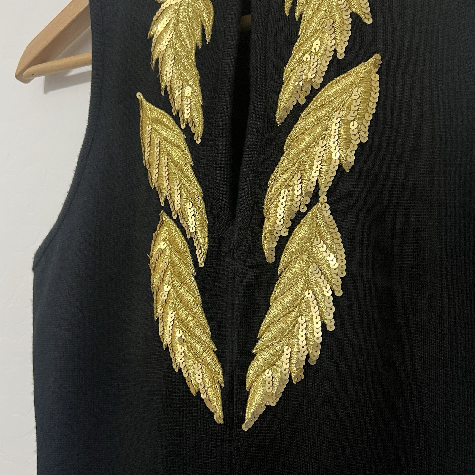 Vintage 80’s Casual Corner Gold Sequin Leaf Dress | Grecian Choker Wiggle Midi