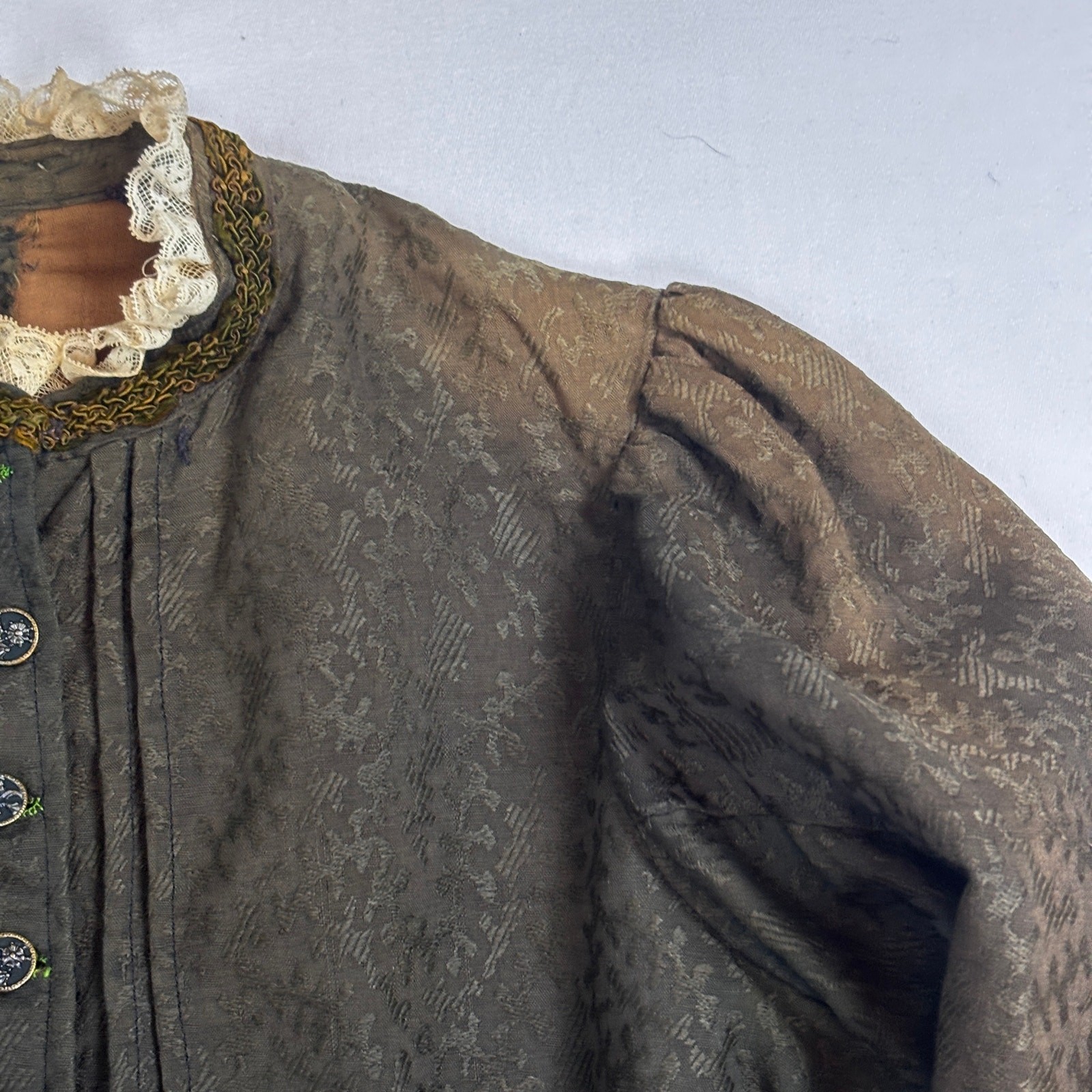 Antique Edwardian Moss Green Jacquard Wool Jacket Blouse Lace Floral Buttons