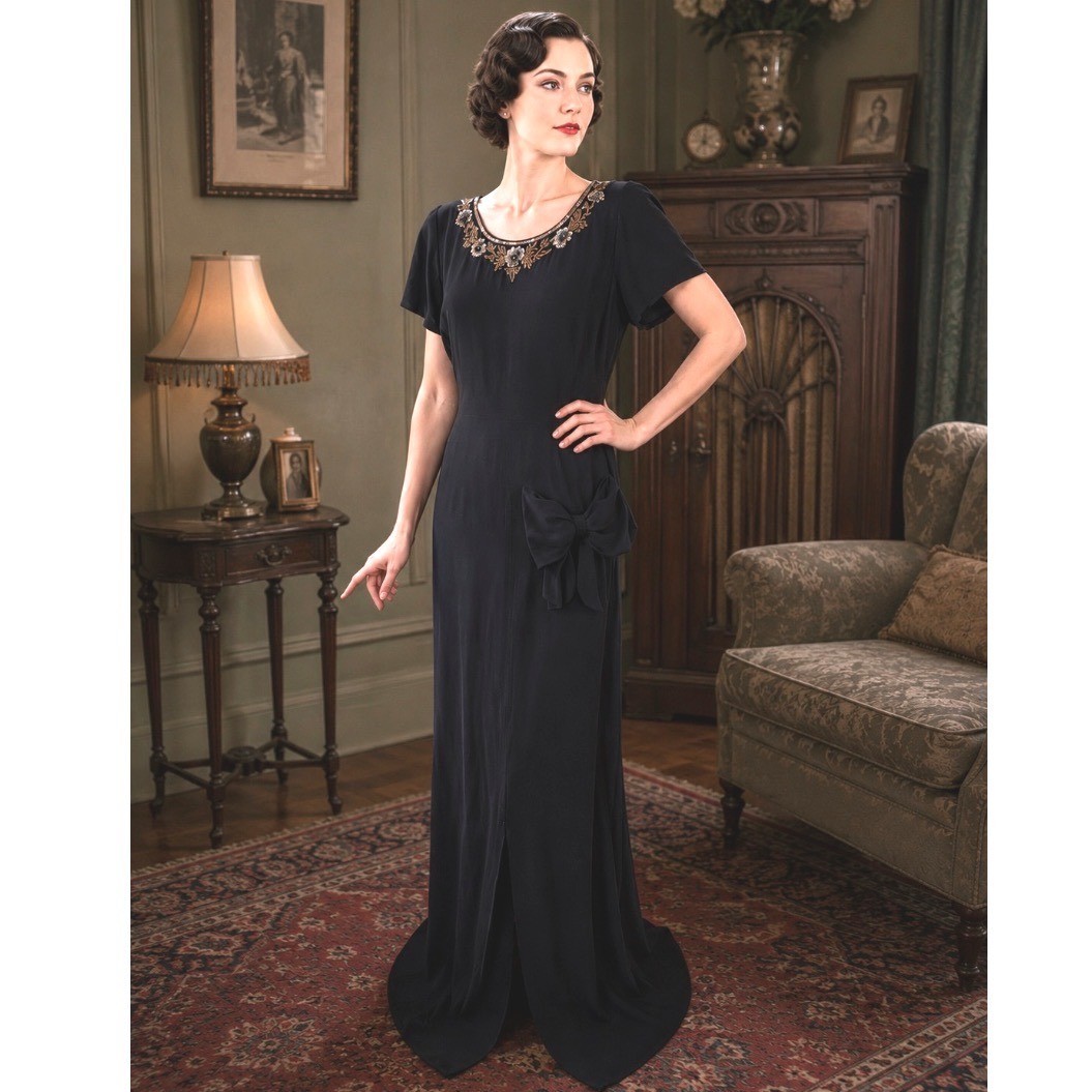 Vtg 30’s dress Floral Neckline Maxi Gown with Hip Bow Detail Black Sz S art deco