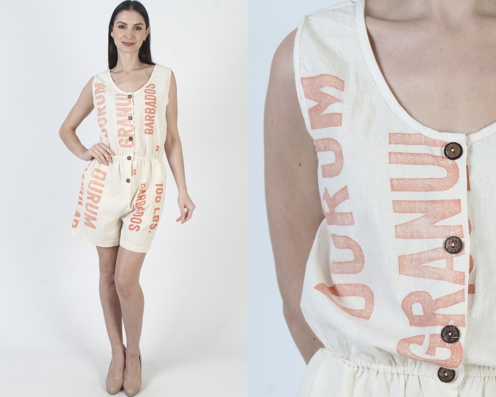 Vtg Flour Sack Romper Cotton Muslin Potato Feed Bag Playsuit Mini Shorts Pockets