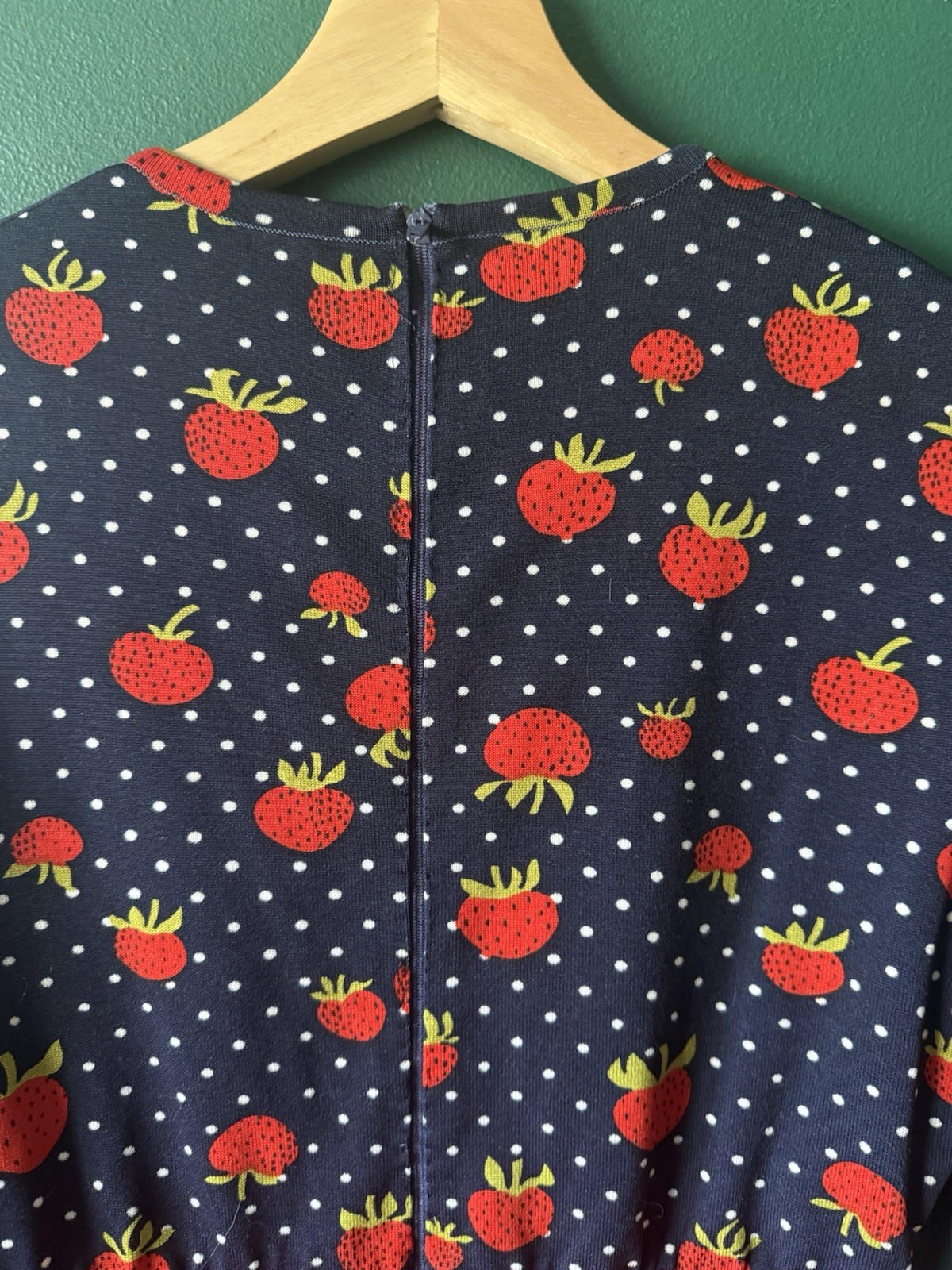 Vintage 60s 70s Strawberry Dress Polka Dot Mod Novelty Print Small Navy Red