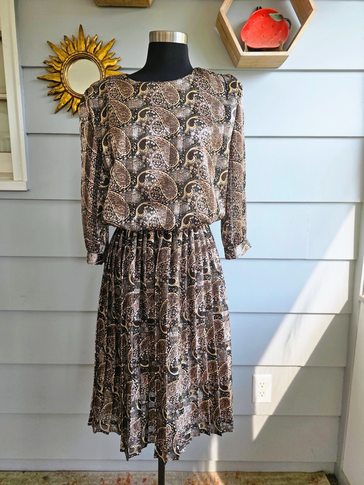 Vintage 80s Damon Petite Paisley Pleated Dress Black Gold Sheer Long Sleeve S/M