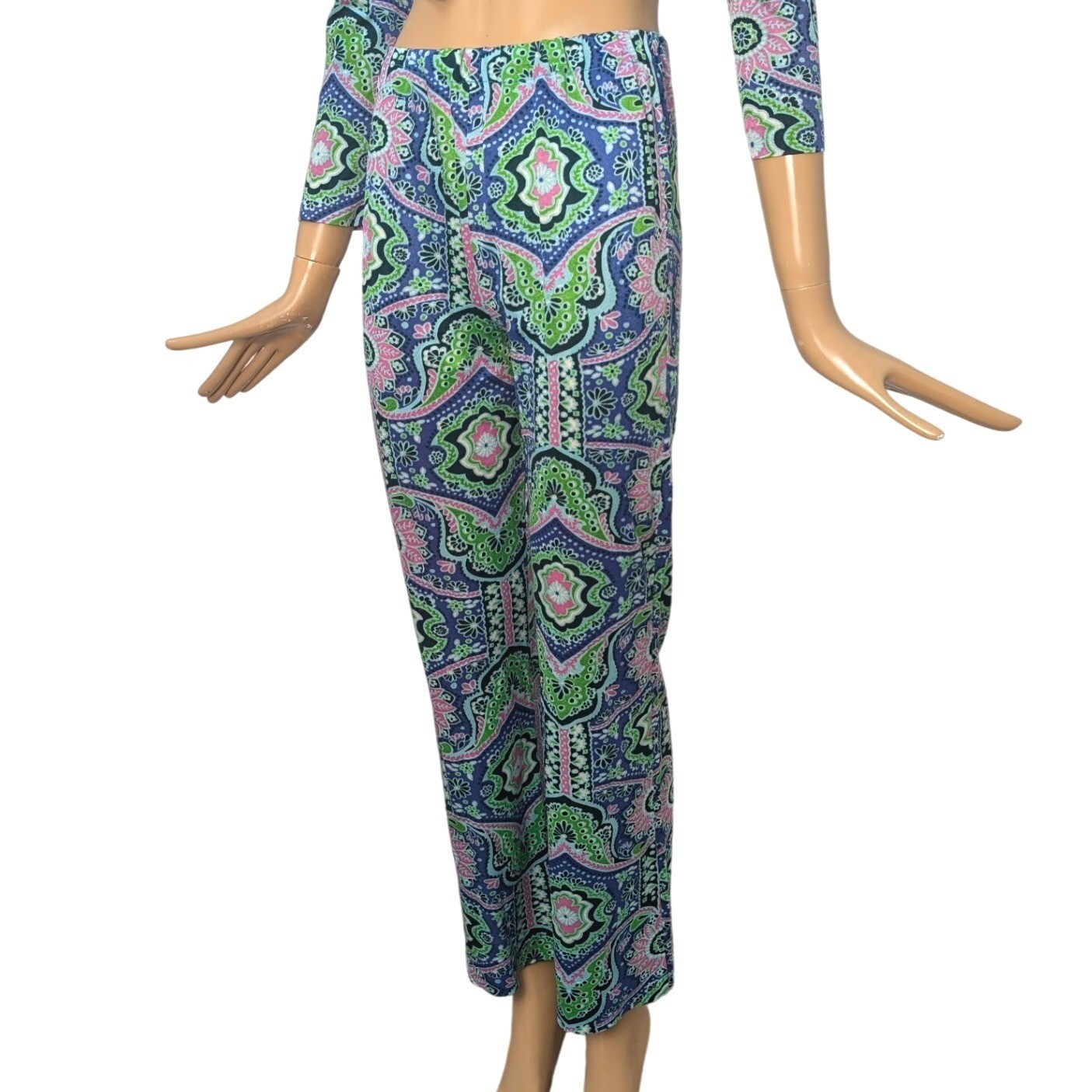 Vintage 60s Magnin Psychedelic Paisley Floral Tunic and Pants Set Blue Green
