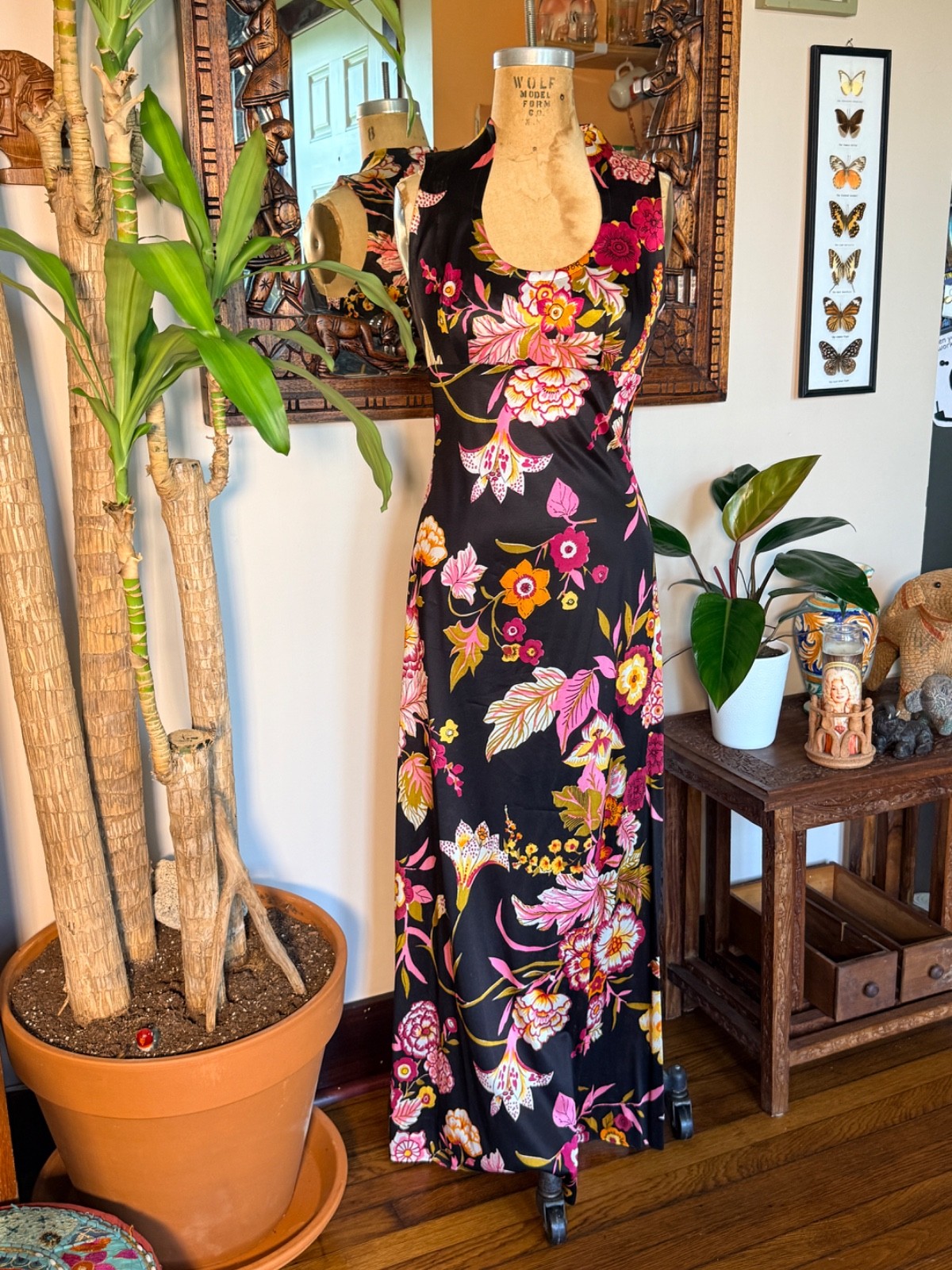 Vintage 70s Slinky Keyhole Polyester Maxi Disco Floral Dress 10