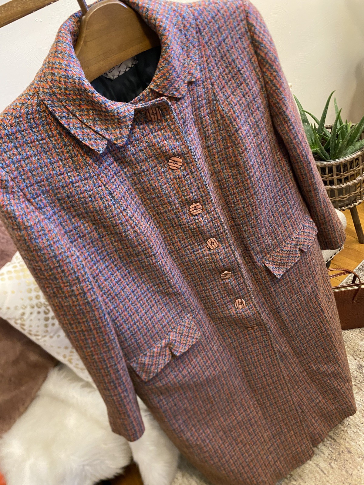 VTG Tar-Shire 1960’s Women’s Harris Tweed Wool Houndstooth Coat Size L XL EUC