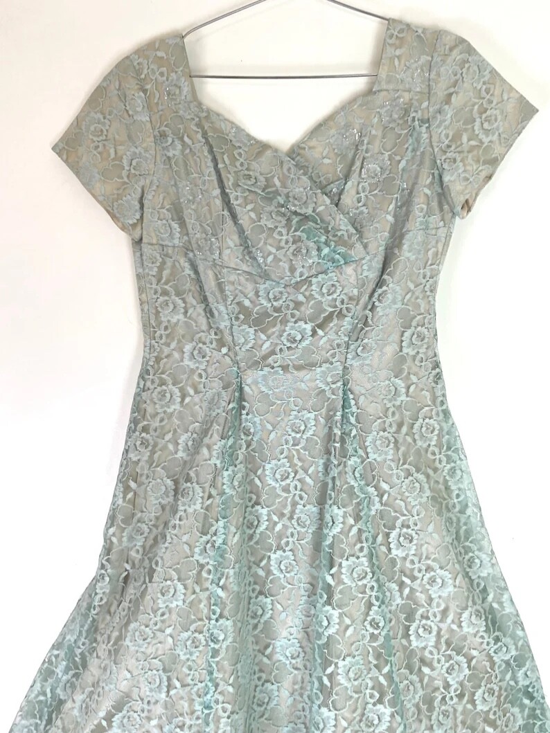c. 1960s Emma Domb Aquamarine Lace Dress | 50s 60s fifties dress sixties dress 