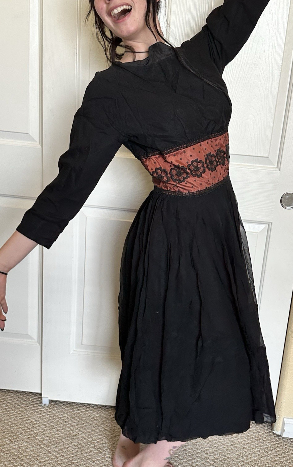 Vtg L’Aiglon Black Fit Flare Floral Rockabilly Dress Goth Boho Witchy Halloween