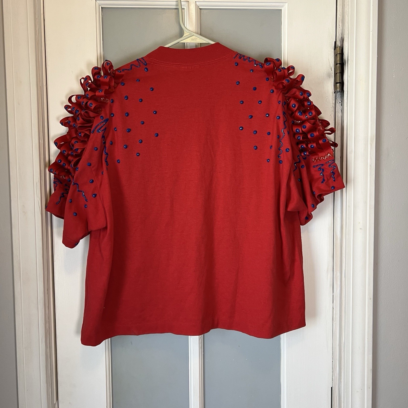 VTG 80s 90s Puff Paint Shirt Women’s OS Red Blue Sports Cheer Dance School Retro