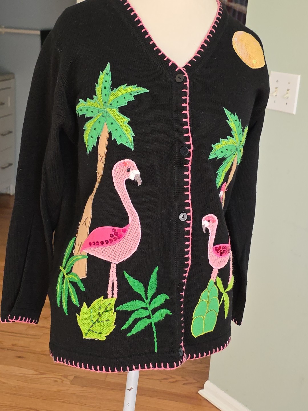 90s Vintage The Quacker Factory Embroidered Beaded Flamingo Cardigan Womens s