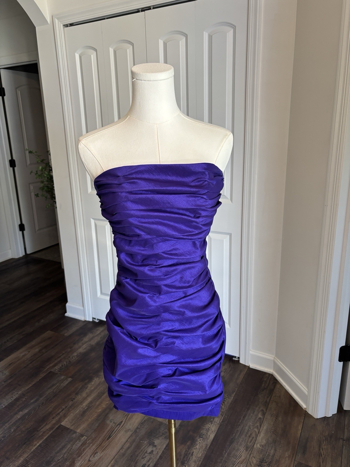 Y2K Jessica McClintock Body Con 3D Mini Wiggle Ruched Strapless Dress Purple 10