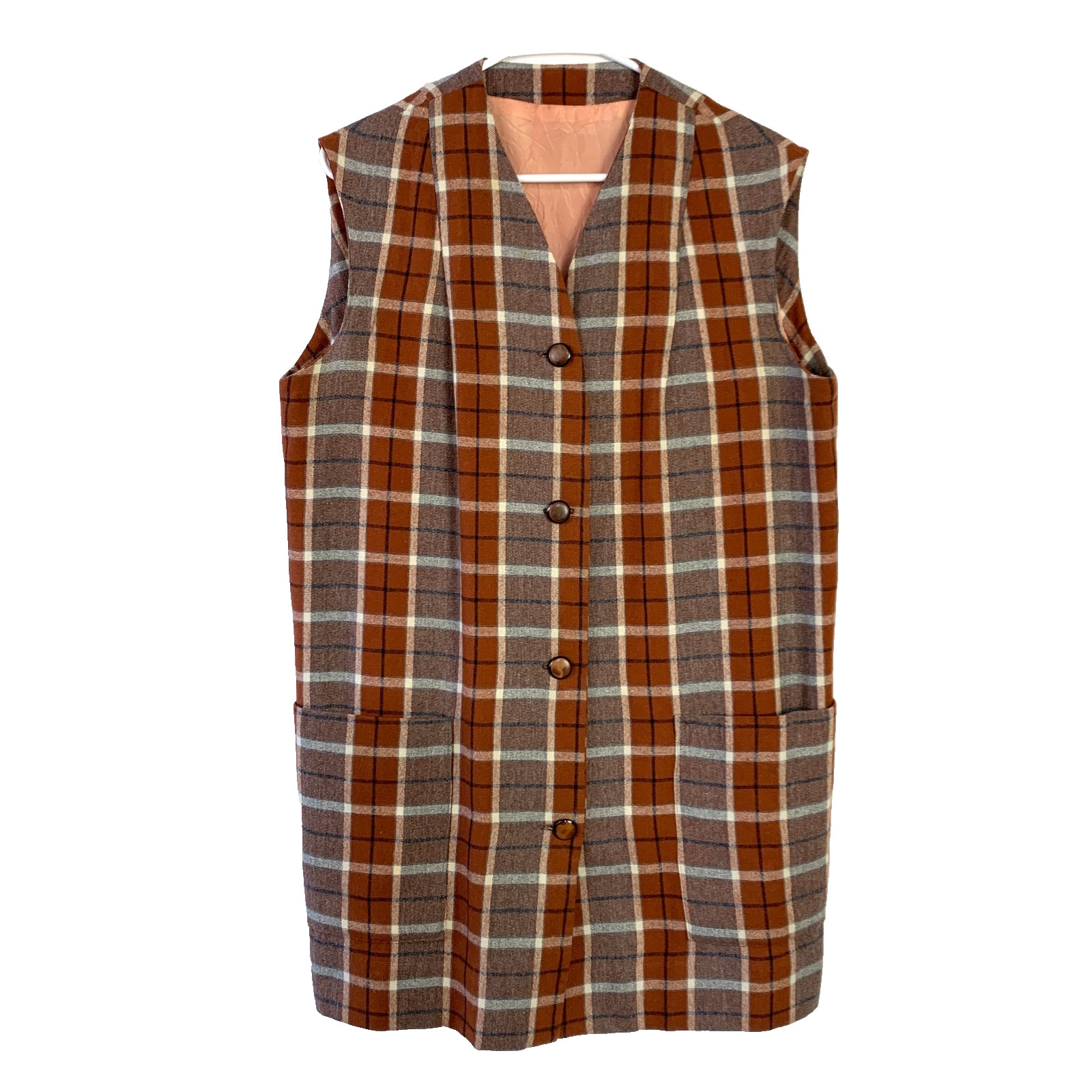 Vintage 60s 70s Handmade Long Plaid Button Vest Chest 44″