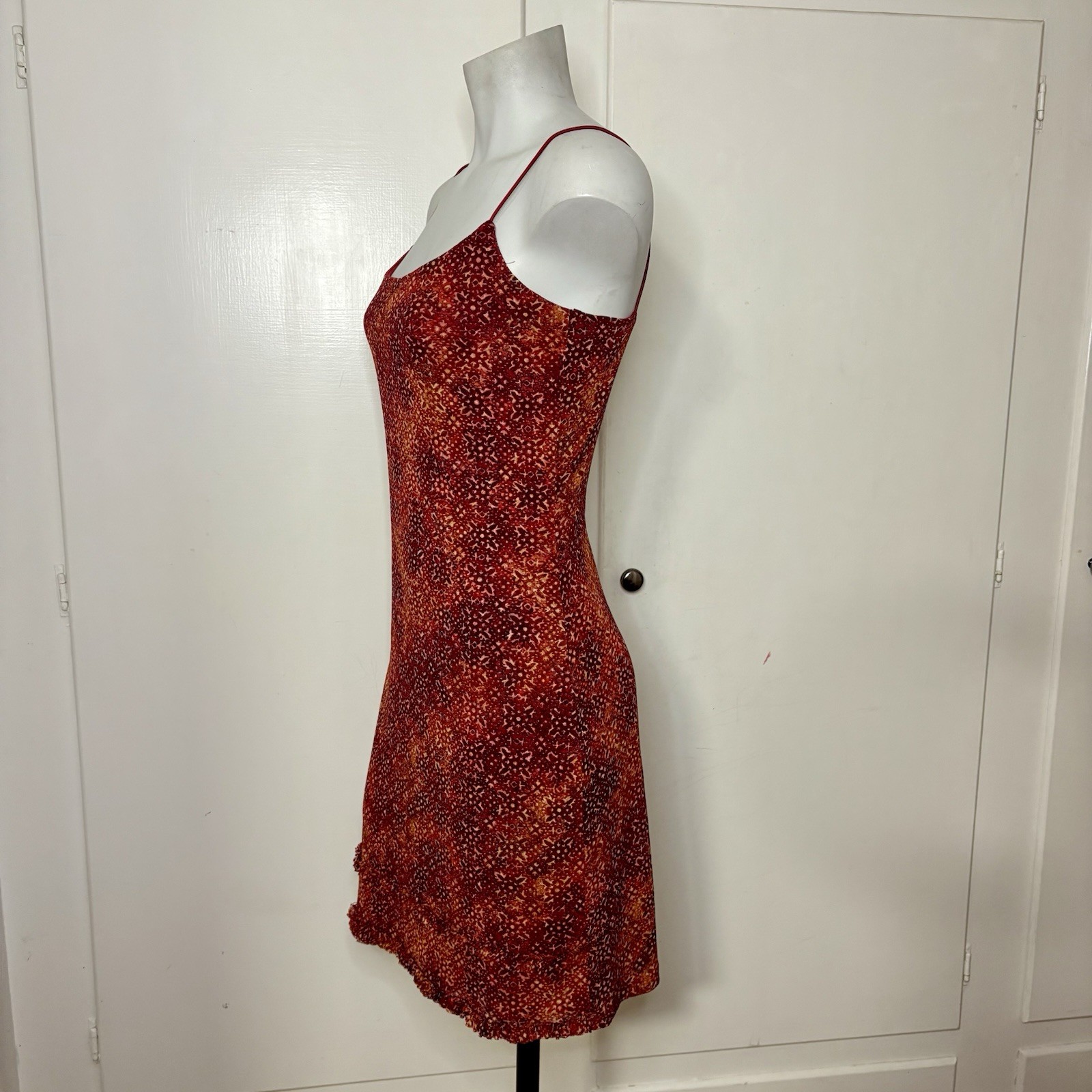 Vintage 90s IZ Byer California Red Mesh Boho Print Spaghetti Strap Mini Dress