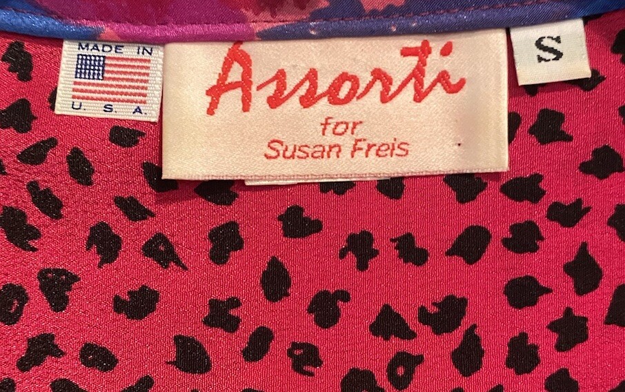 Vtg Assorti Susan Freis Pink Animal Print Pleated Dress 2 Pc Sz S Tassels Ruffle