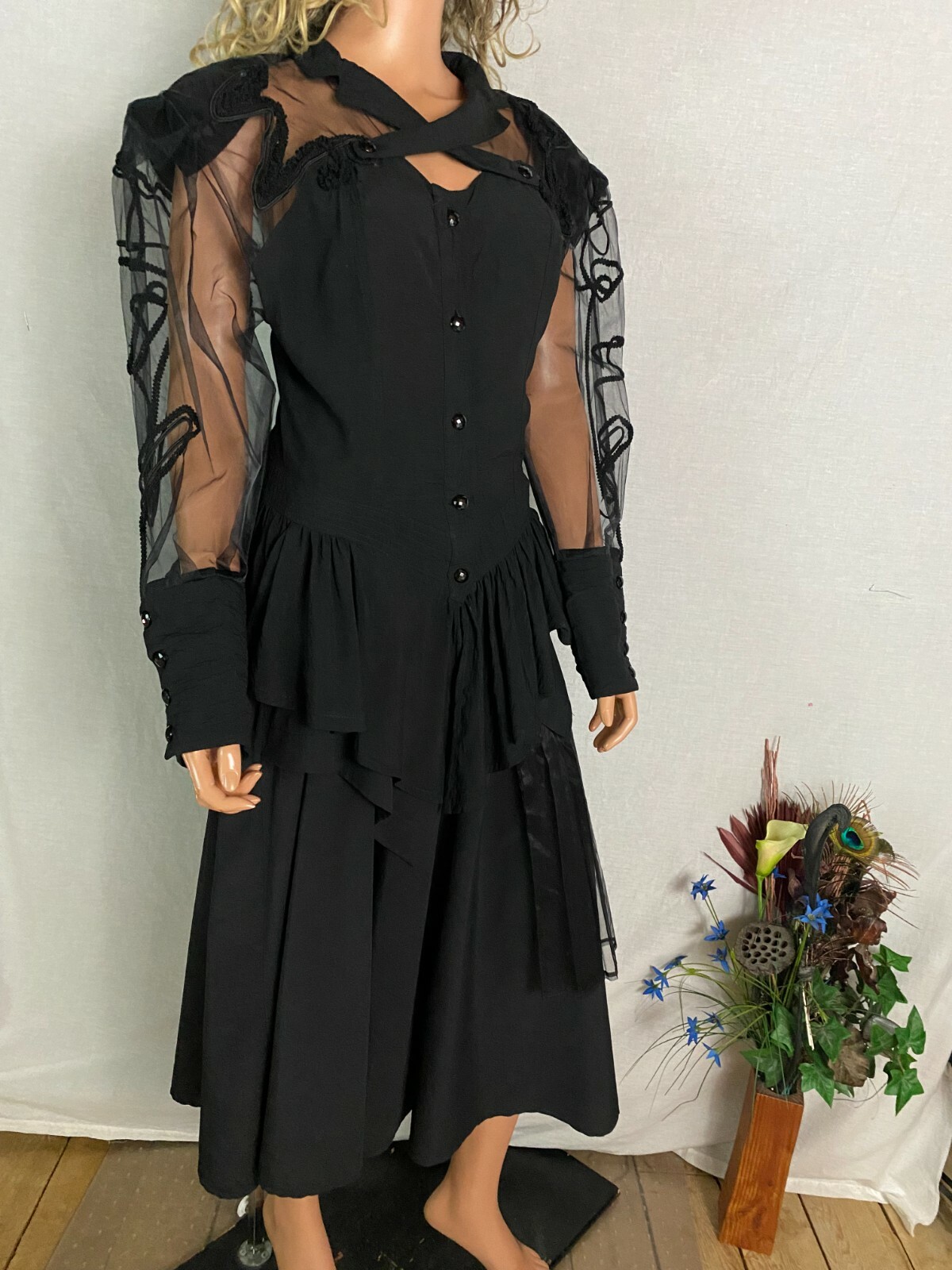 VTG 80s Stevie Nicks Style Black 2 PC Skirt Top Overlay Sheer Goth Steampunk M