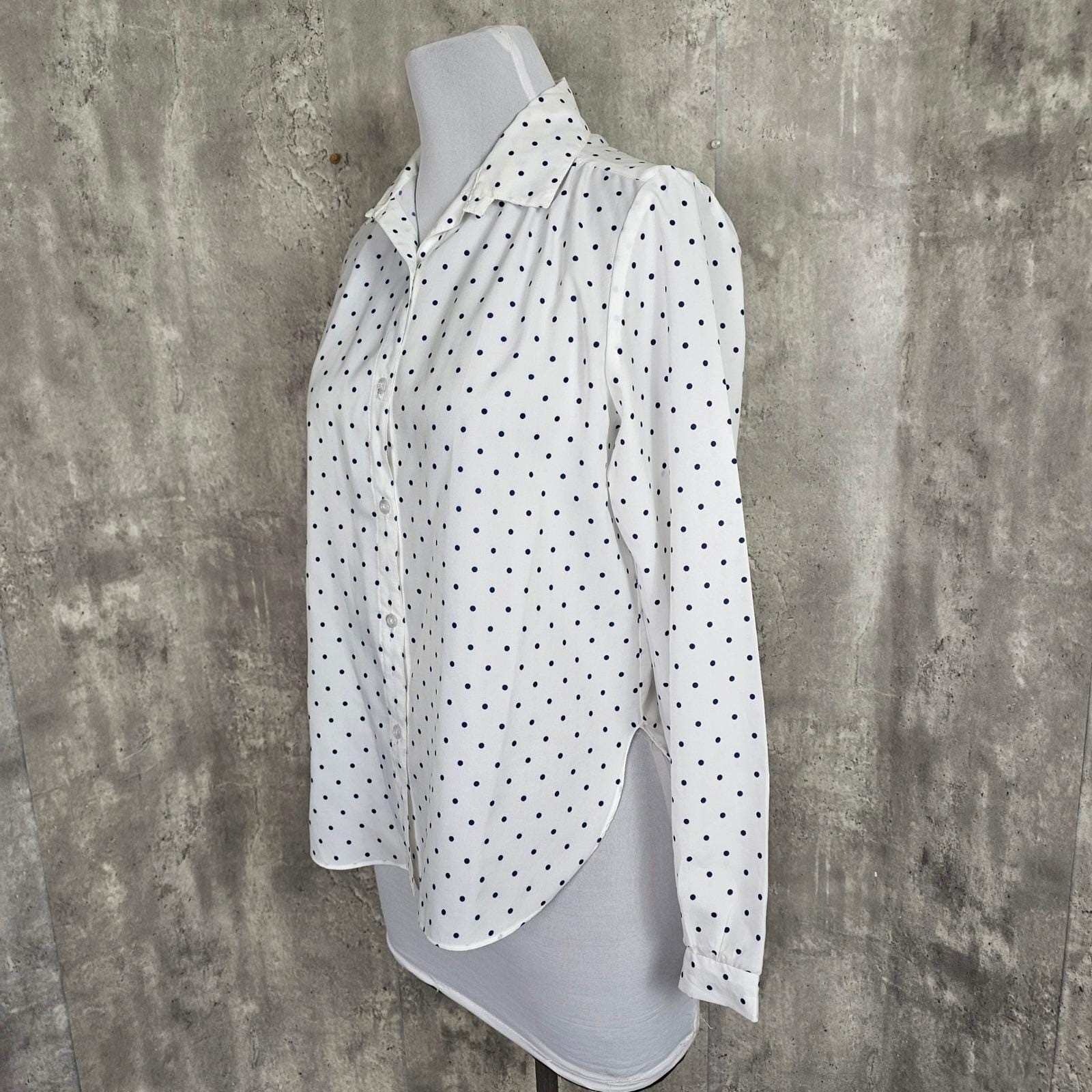 Vintage 80s 90s Lori of California L/XL Navy White Polka Dot Blouse Chic Casual