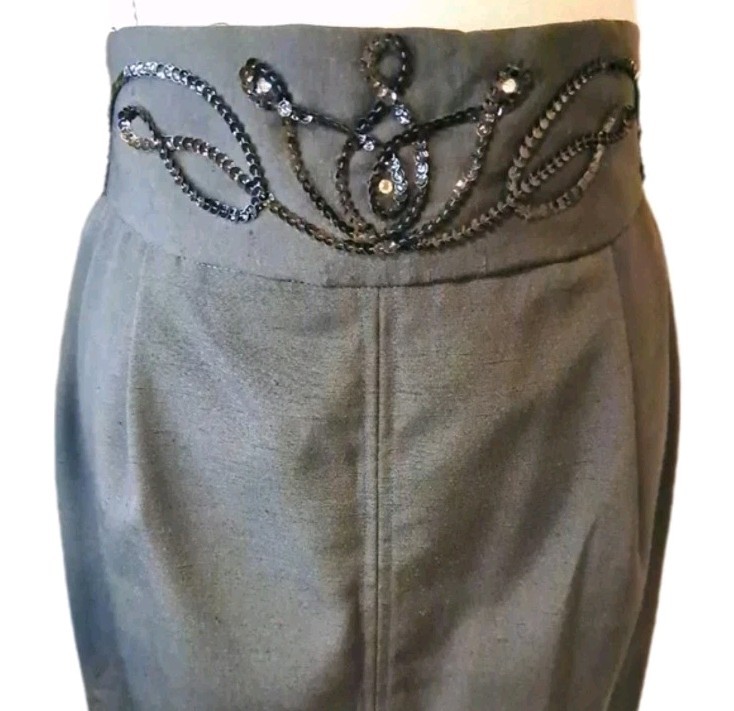 Vintage 80s Glam East End Avenue Black Sequin Rhinestone Midi Pencil Skirt 7/8