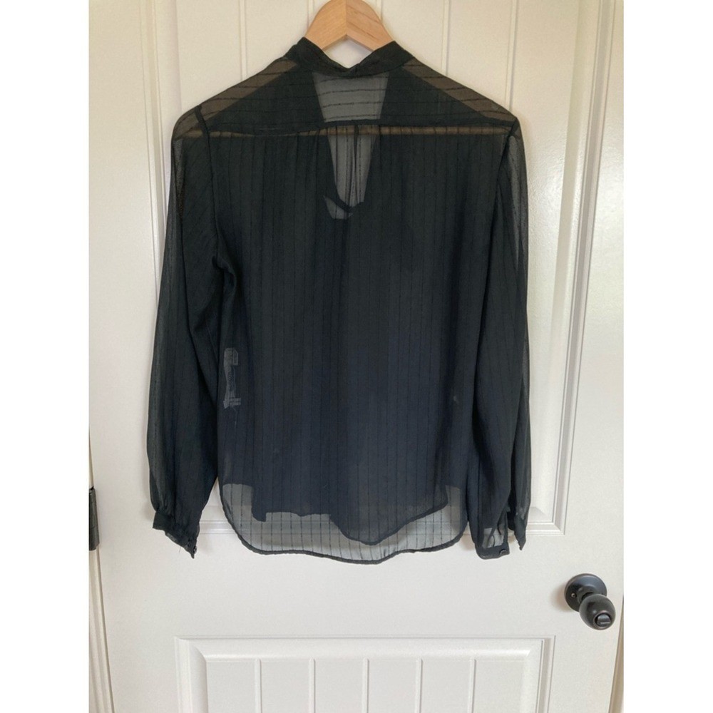 Vtg Gemilli Black Sheer Button Front Tie-Neck Blouse Size 5/6 Long Sleeve Office