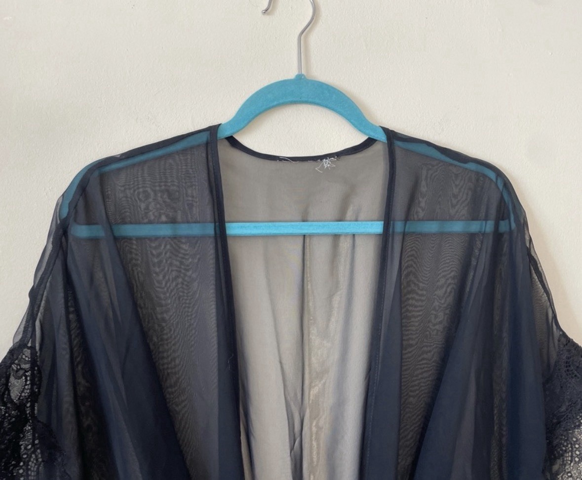 Vintage Black Silk Chiffon & Lace Lingerie Robe Size Small