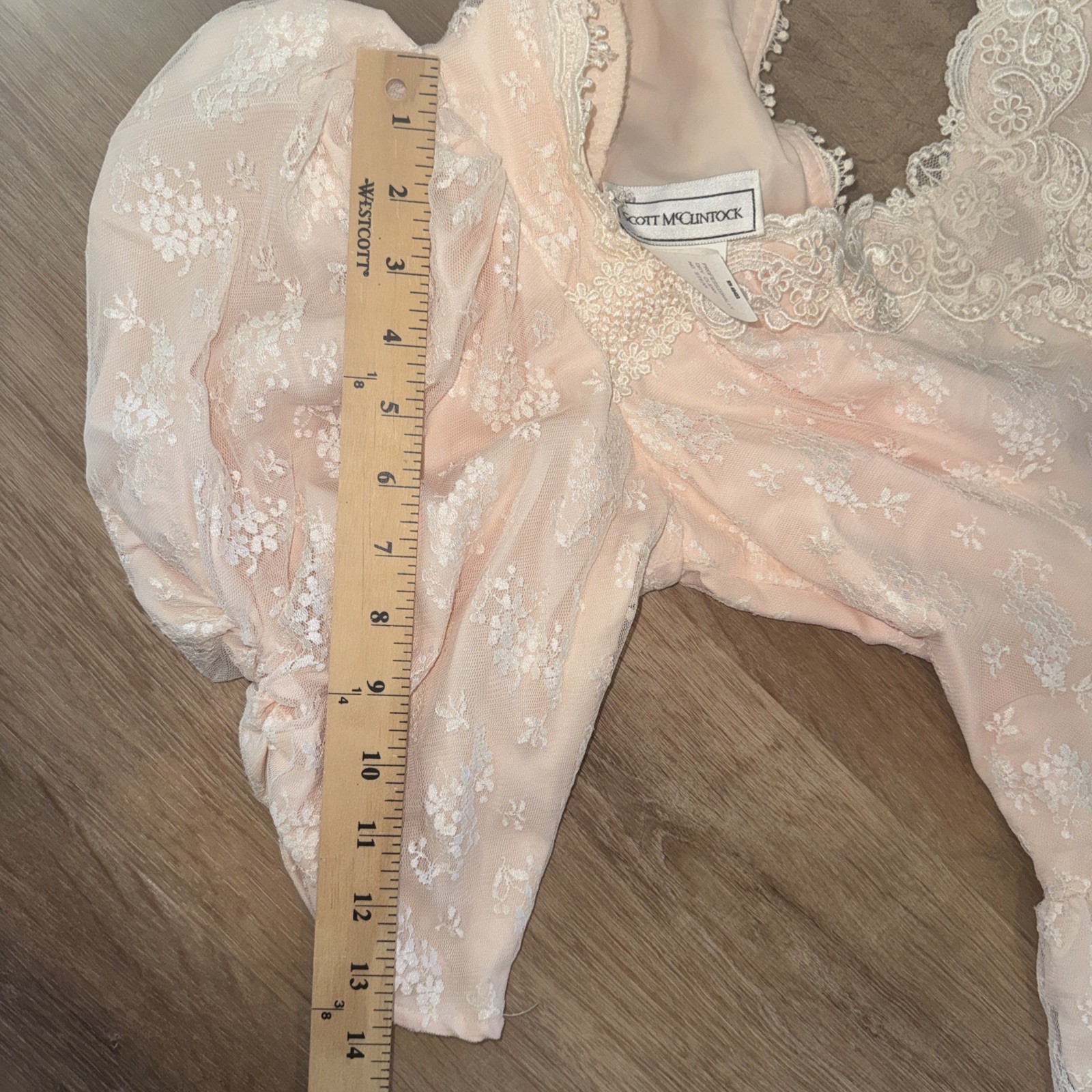 Vintage McCLINTOCK Peach Tea Dress Lace Floral Size 14 Cap Sleeve Open Back
