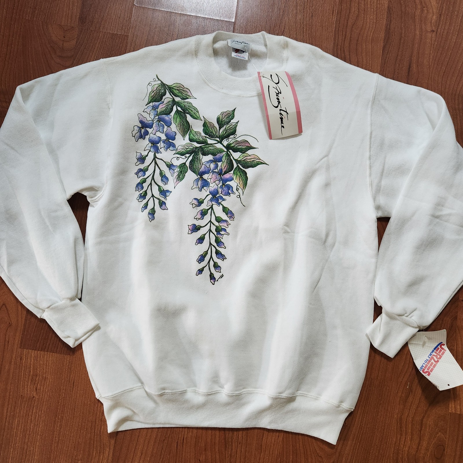 VTG JERZEES 90s Crewneck Glitter Wisteria Purple Flowers Granny Size XL NWT