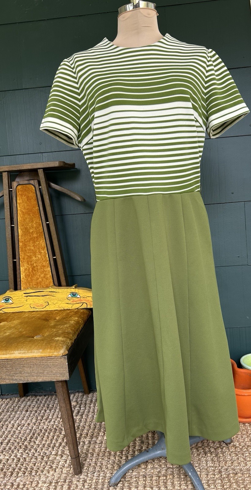 Vintage 60s Dress Avocado Green Striped Nardis Of Dallas Mod Preppy Mad Men