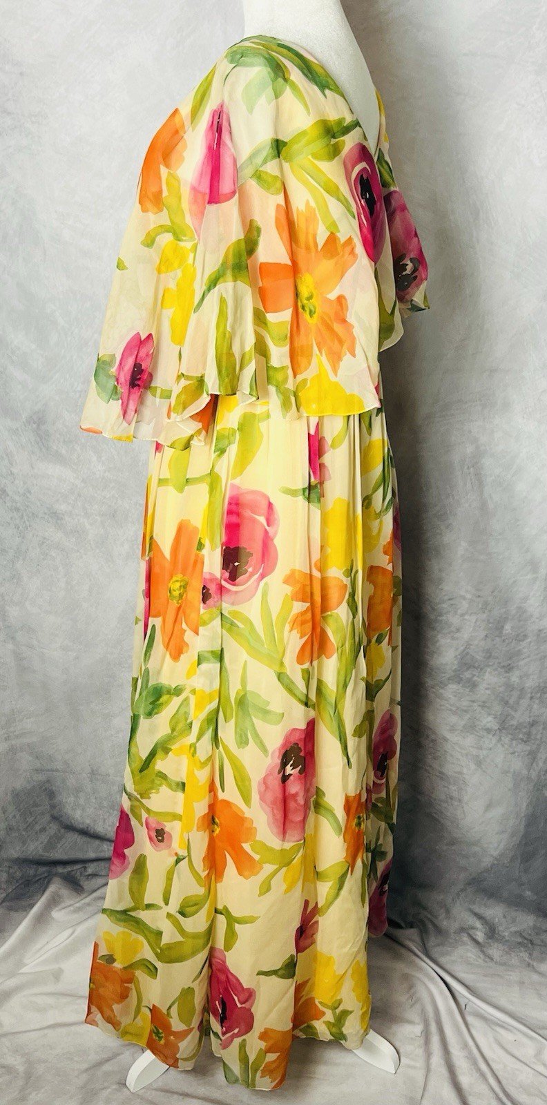 Vintage 1970s Kiki Hart Floral Watercolor Silk Chiffon Romantic Dress NWT Size S
