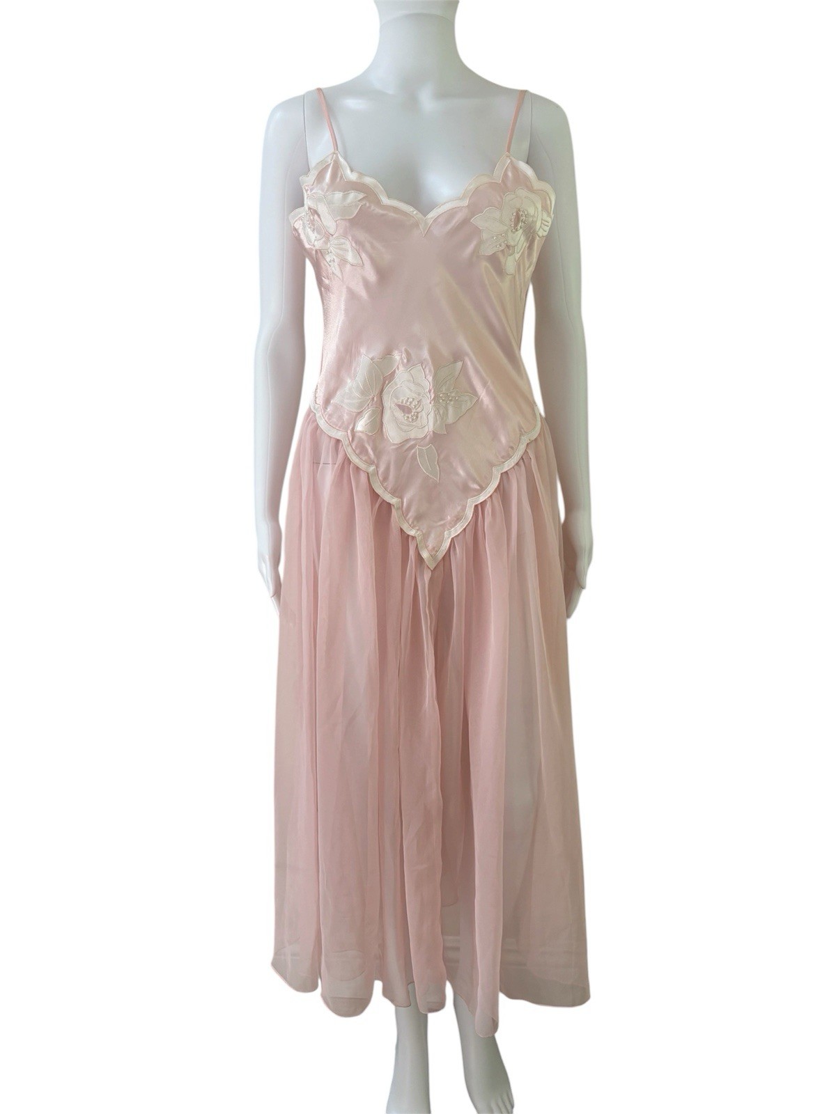 Vintage 1980s Victoria’s Secret Floral Pink Appliqué Slip Tulle Lingerie Scallop