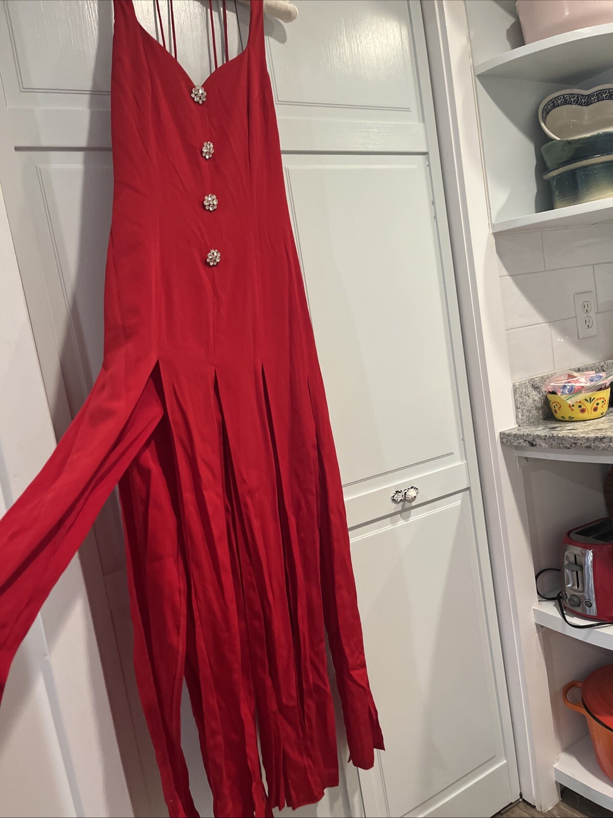 Karen Lucas Dress Women’s 12 Red Long Cut Slits Slats Sexy Vintage~RARE