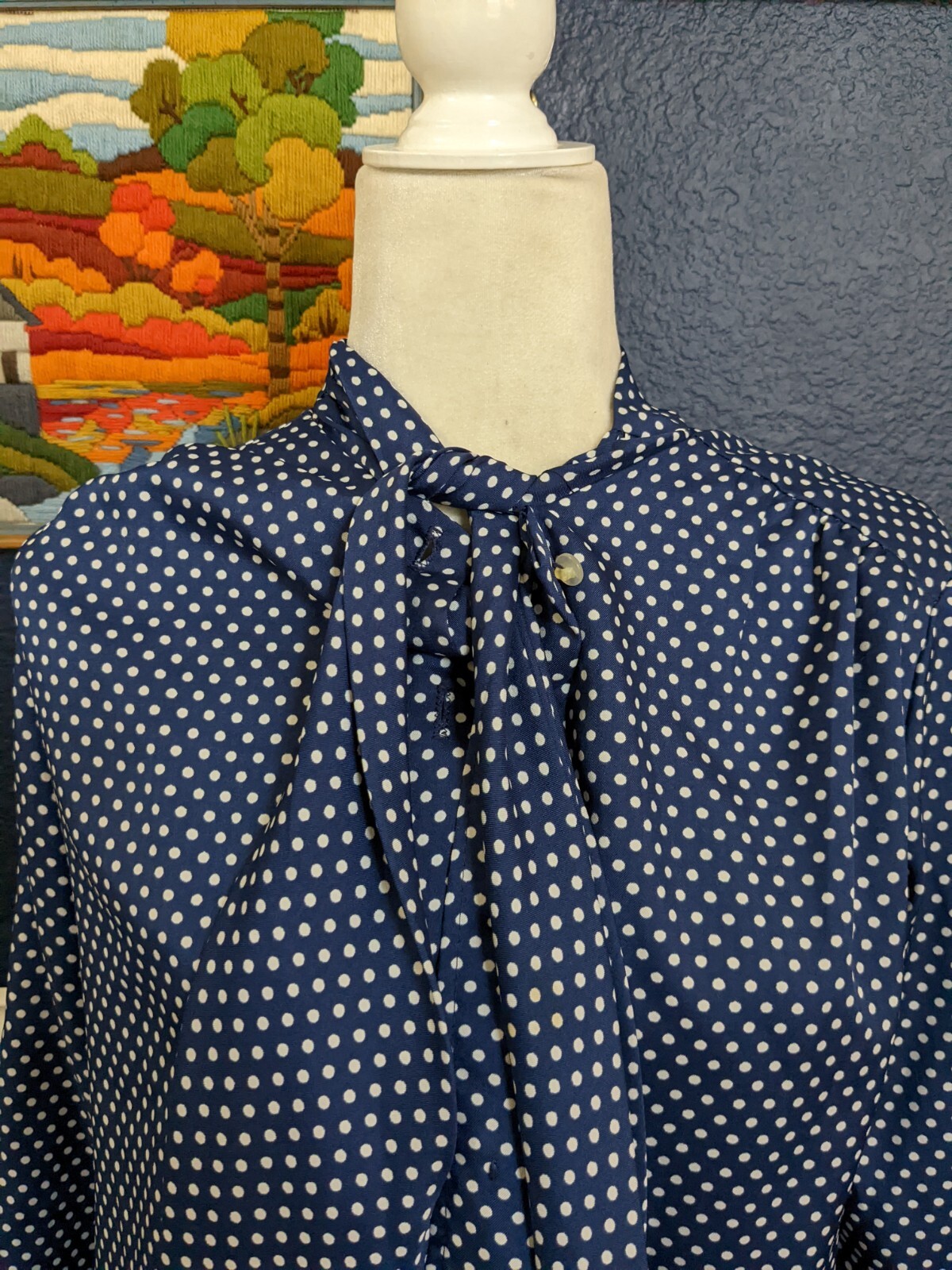VTG 1970s Lee Mar Necktie Button Blouse Shirt Blue Polka Dot Sears Sz 14 Large L