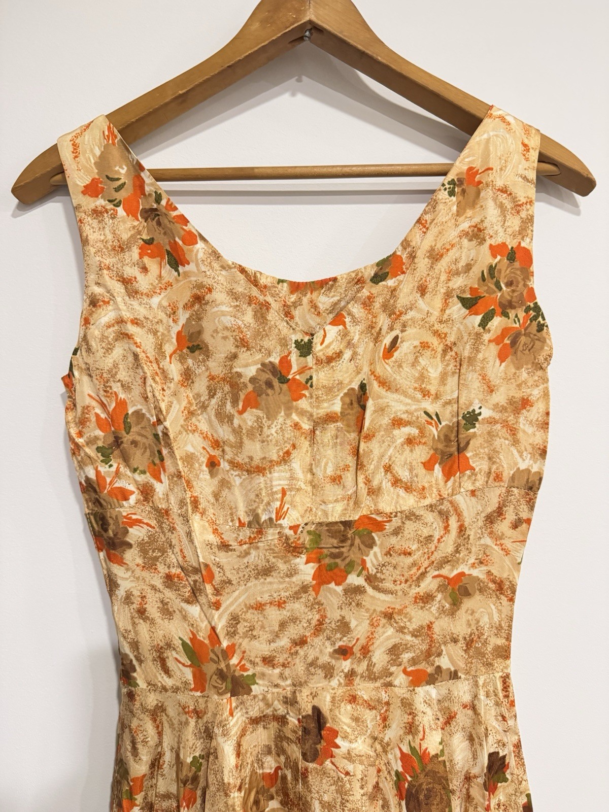 Vintage MCM 50s/60s Handmade Dress Tea Length Earth Tones Floral Fit & Flare XXS