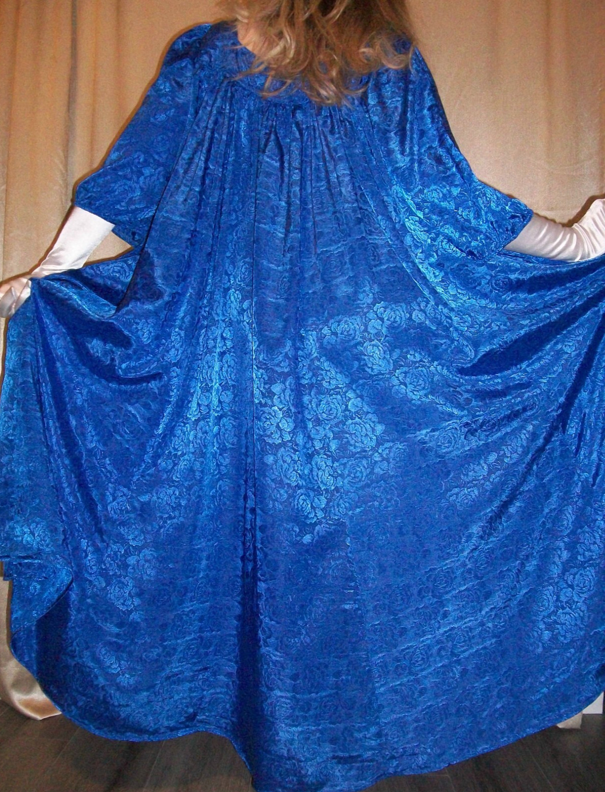 Vtg Blue Full Bust Mumu 180″ Sweep Satin Nightgown Robe XL