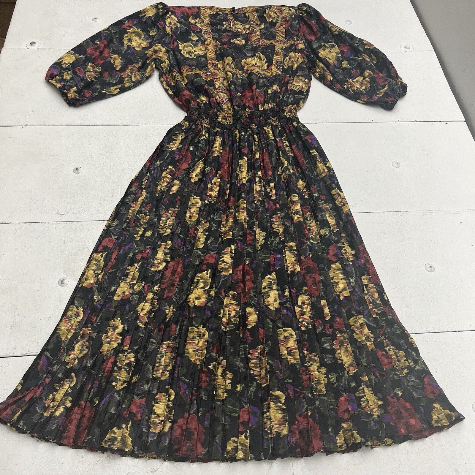 Vintage 80s Susan Freis Multicolor Pleated Dress Abstract Floral USA Womens S