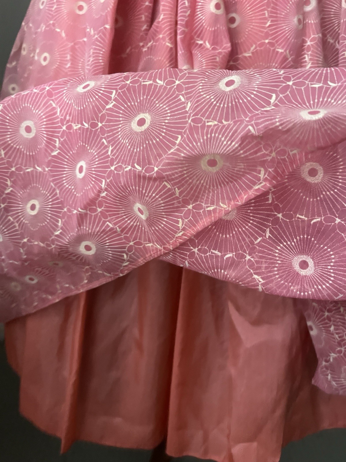 Vintage 1950s Coral Pink pattern double layer Tea Dress | Rhinestone Bow Details