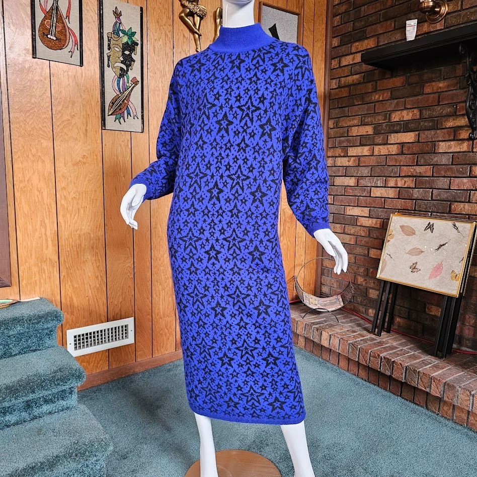 Vtg 80s Benetton Stars Knit Electric Blue Angora Rabbit Sweater Dress It 48 US L