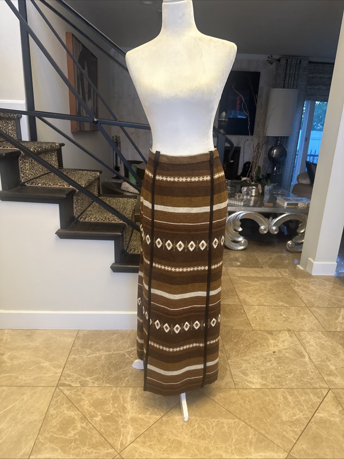 I. Magnin 60s Brown Tones Navajo Blanket Pattern Woven Wool Lined Maxi Skirt 6