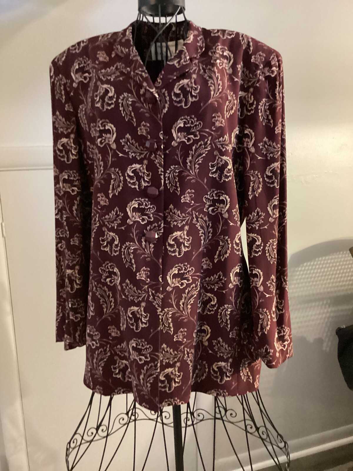 Vintage 2 Piece Women’s Suit Rena Rowan For Seville Sz 12 Burgundy Solid & Print