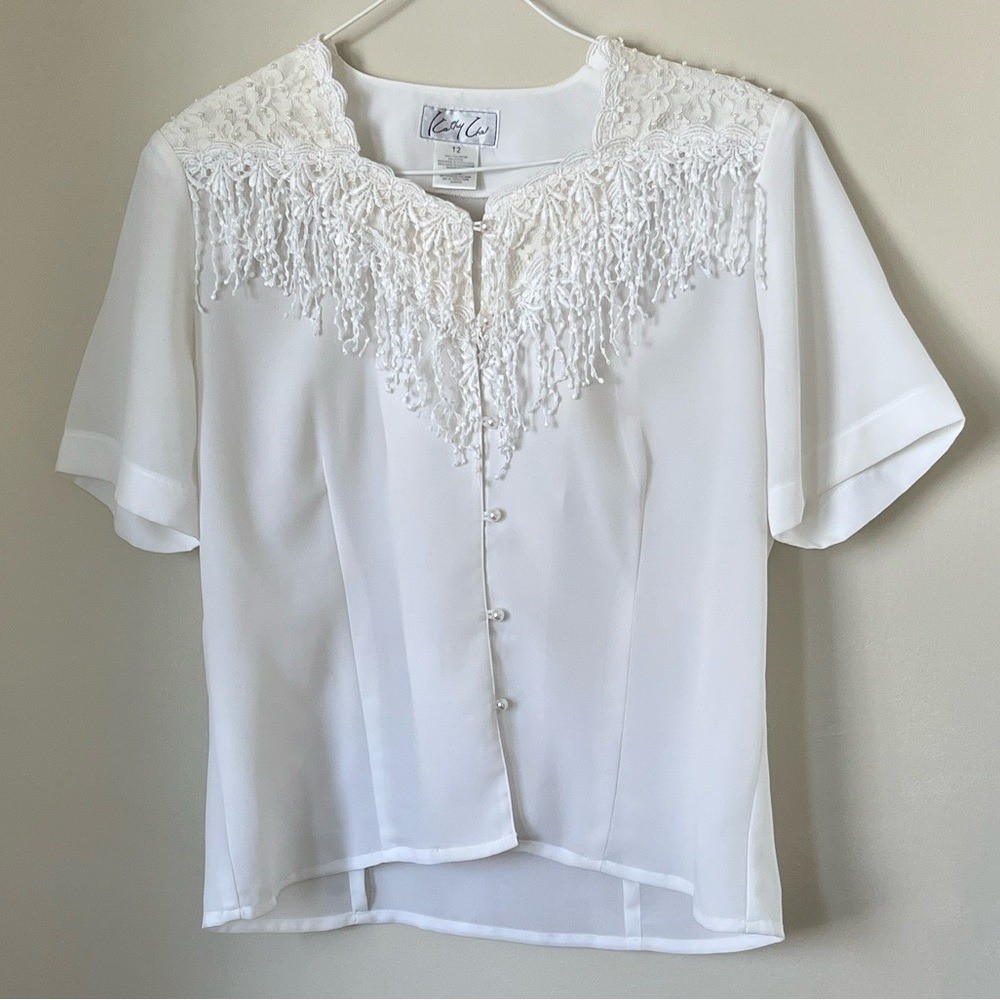 Vintage casual cocktail feminine Chic White Fringe Blouse size 12