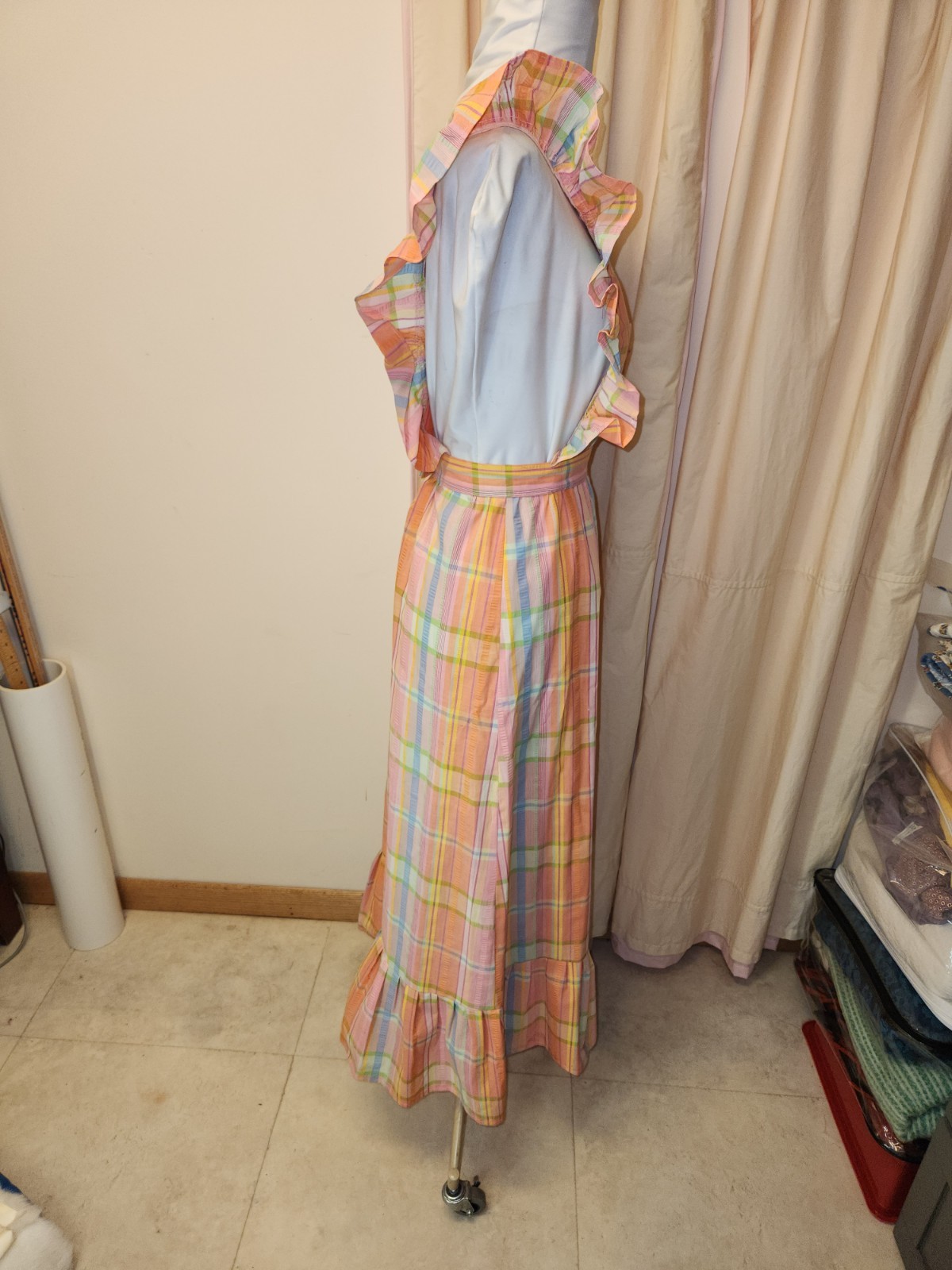 Vintage Ruffle Pinafore Apron Long Dress*Cottage Prairie Look*Homemade* sz Small