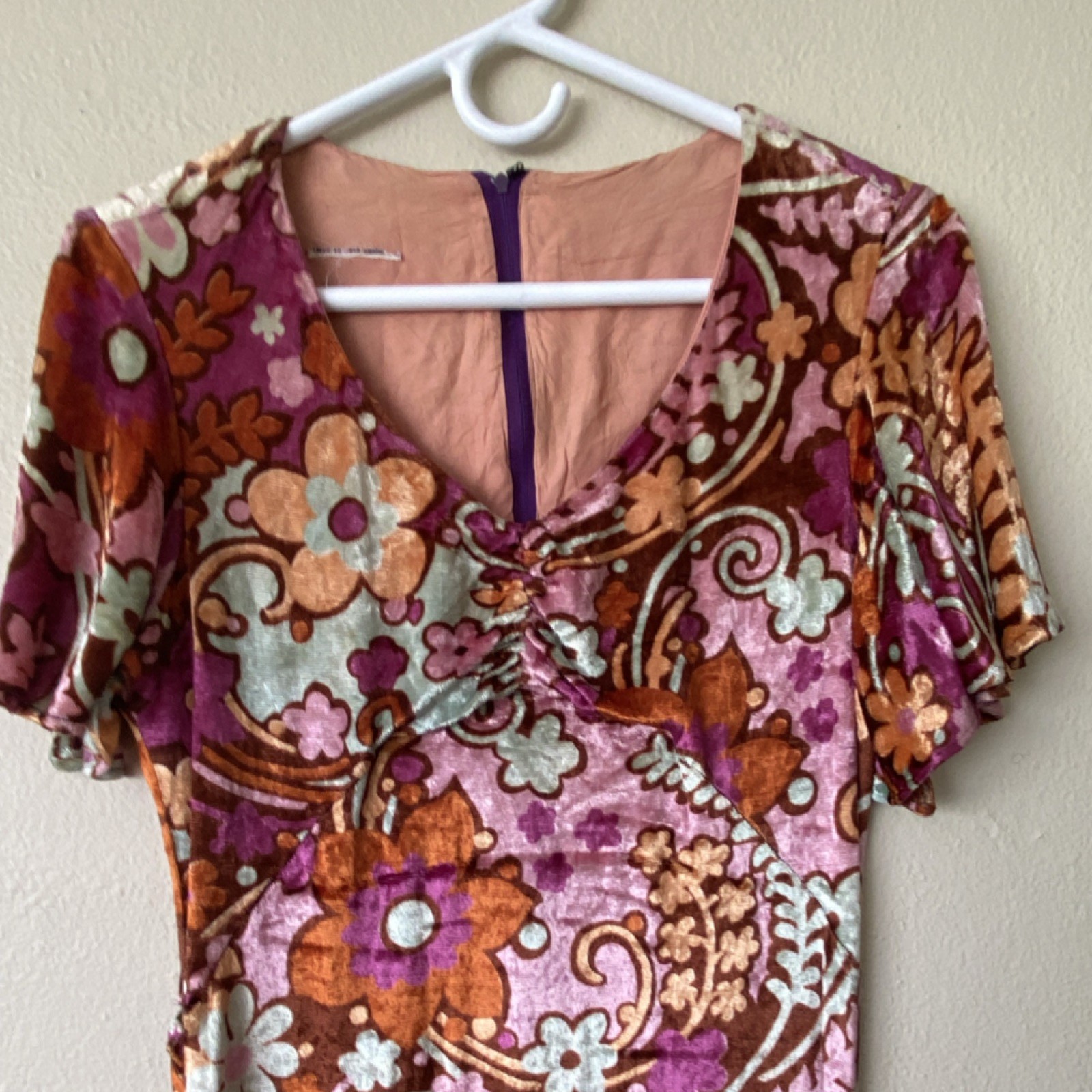 Vtg 70s MCM Boho Goddess Floral Stretch Velvet Pink Purple Maxi Dress Medium
