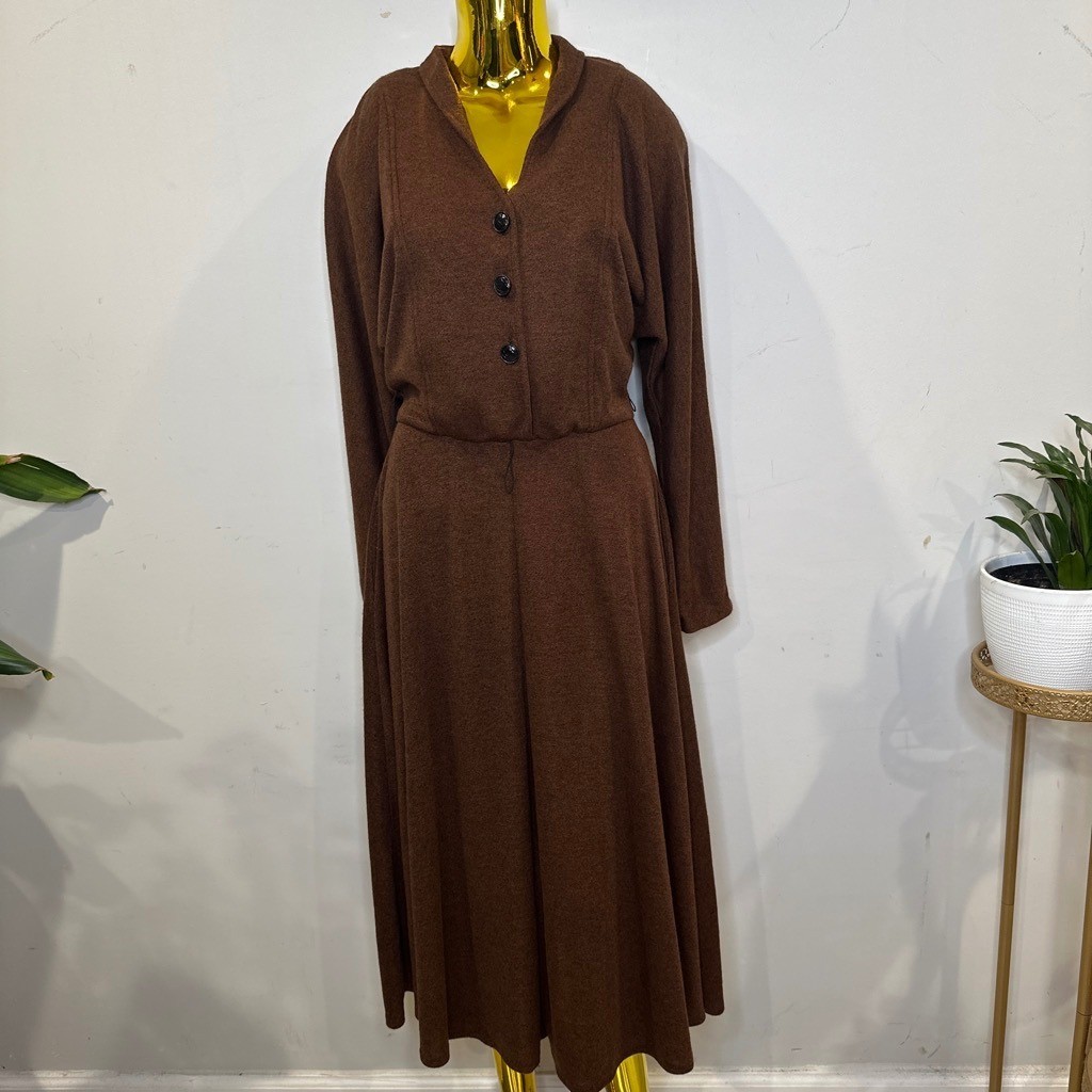 Vintage Academia Brown Knit Midi Dress Button Front Long Sleeve Size 6 Small