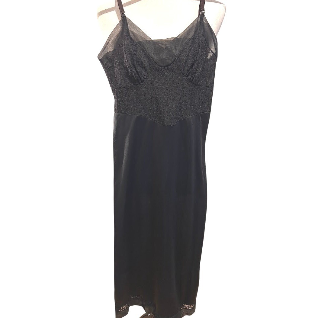Vintage Munsingwear Black Nylon Tricot Lace Maxi Slip Dress Size 32 Tall USA