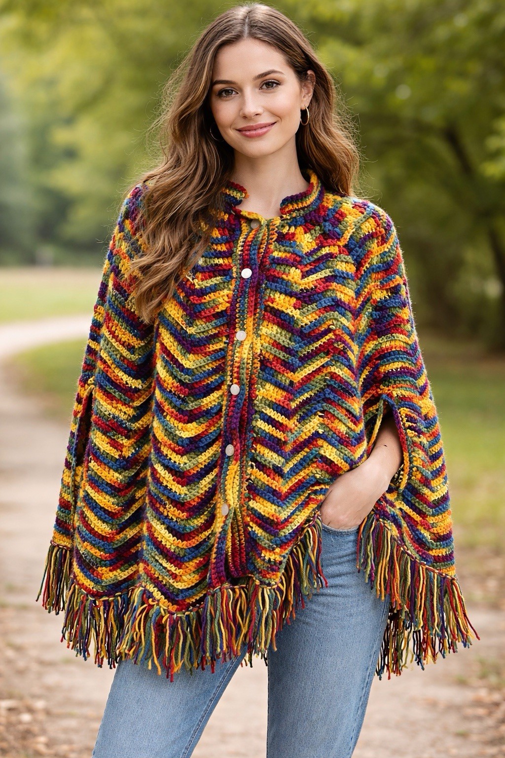 Vintage Handmade Crochet Poncho BOHO Fringe Button Up Festival Hippie OS Color