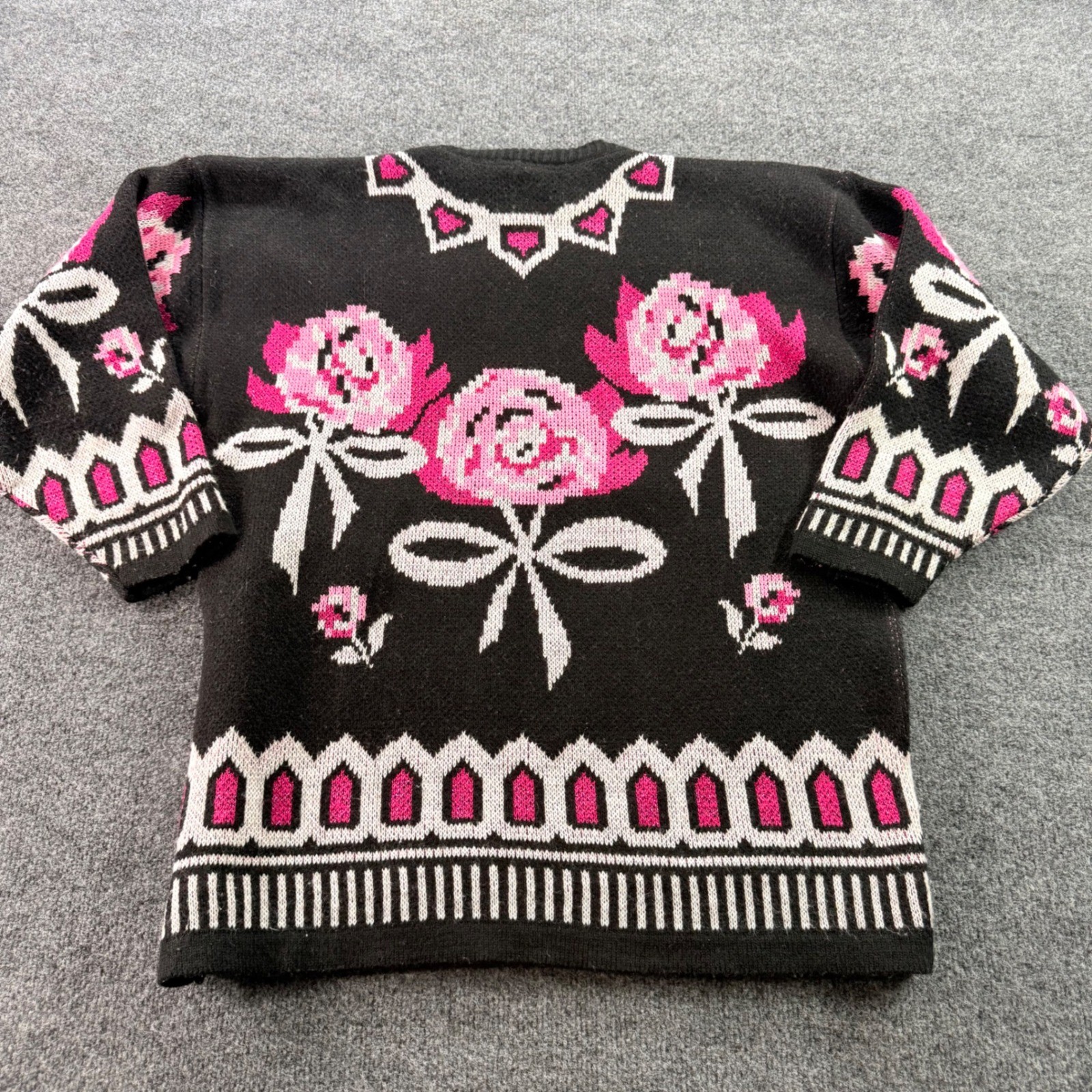 Precious Knits Sweater Vintage Floral Rose Bow Pink Black USA Made 42/22W Womens
