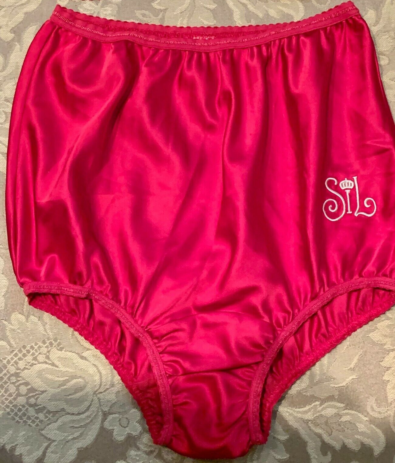 VINTAGE SECRETS IN LACE ~ RED ~ SATIN BRIEF PANTIES WITH EMBROIDERED LOGO MEDIUM