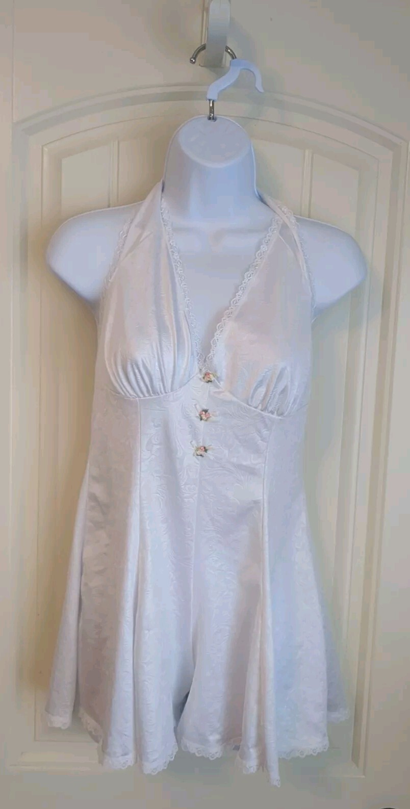 VTG Petra Fashions Liquid Shiny Wet Satin Teddy Romper Playsuit Floral White MED