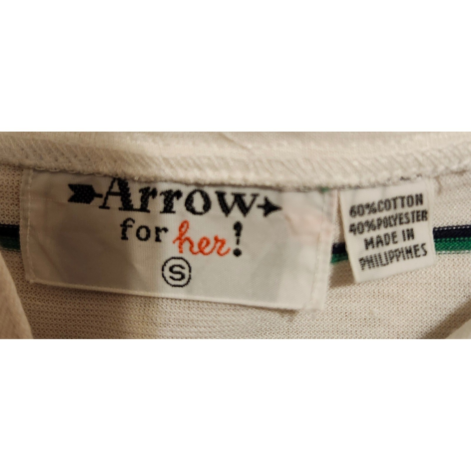 Arrow for Her Vintage Striped Polo Shirt White Green Blue Short Sleeve Small