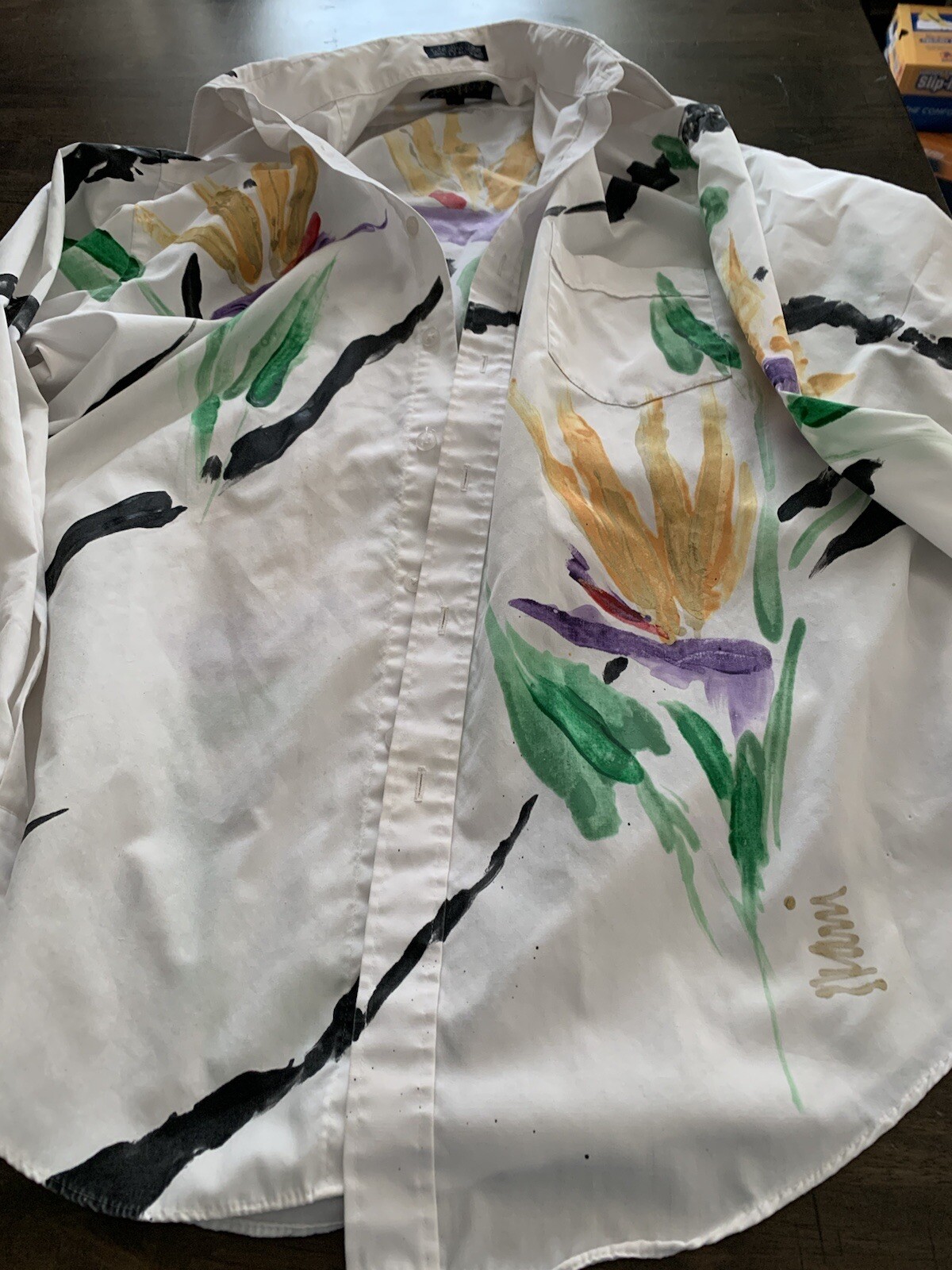 Hand Painted White Dress Shirt~Reads Size 16 32/33 Men’s/Converts To Woman’s L