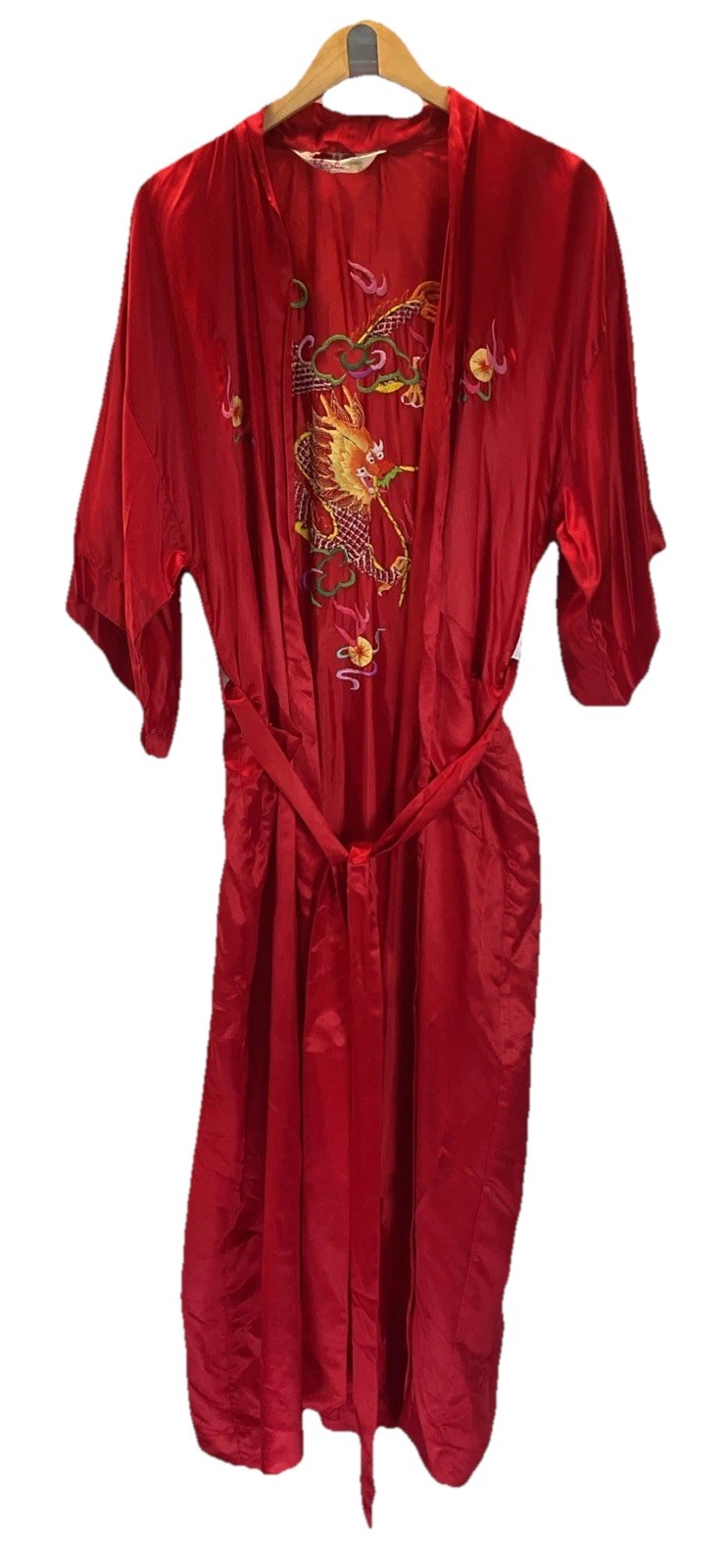 VTG Pearls Kimono Robe L Embroidered Dragon Full Length RED SMALL